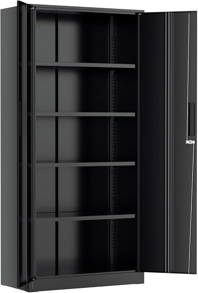 Greenvelly Metal Lockable Storage Cabinet, 72”Black Locked Storage Cabinet with 2 Doors and 4 Adjustable Shelves for Office, Home, Garage, Pantry (Assembly Required, 16”D)