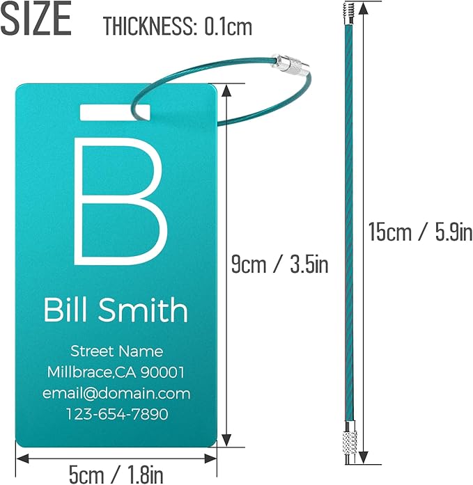 4 Personalized Metal Luggage Tags for Suitcase, Laser Engraved with Text and Logo, Custom Aluminum Name Tags with Stainless Steel Ring, for Travel, Golf Bag, and Baggage (Lake Blue)