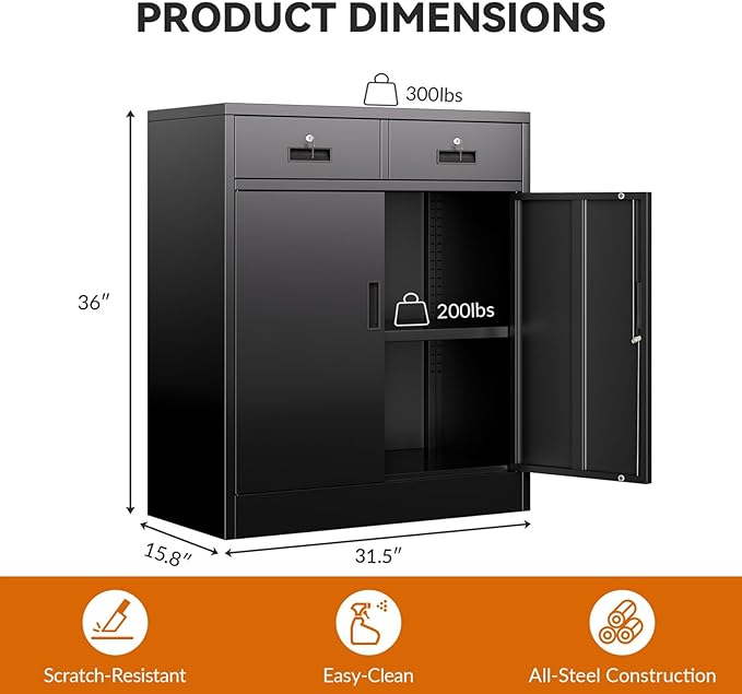 BESFUR Locking Cabinet with 2 Drawers and Lockable Doors, 36" H Black Metal Storage Cabinet with Adjustable Shelf for Home Office, Garage,School, Apartment, Warehouse