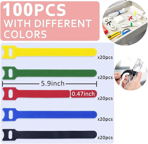 100pcs Cable Ties Reusable Rainbow Color Wire Ties Cable Management Cord Ties Reusable for Electronics Hook and Loop Cable Ties for Computer 6 Inch with 5 Colors