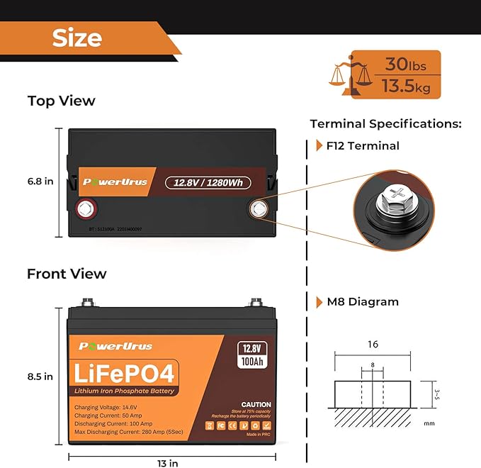 12V 100Ah LiFePO4 Battery with 12V 20A LiFePO4 Battery Charger, PowerUrus 4000-8000 Cycle Rechargeable Lithium Battery with Smart APP, 12V 100Ah Lithium Battery for RV, Marine, Off Grid Application