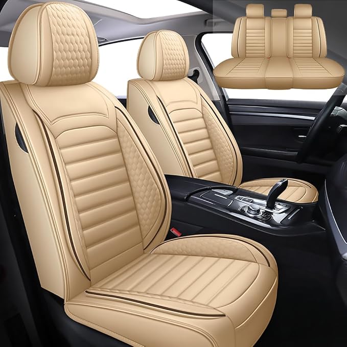 Leather Car Seat Covers for Volkswagen Golf Alltrack 2017-2019,Car Seat Covers Full Set,Seat Covers with Safety,Waterproof Seat Cover Compatible Airbag(5pcs Beige Standard)