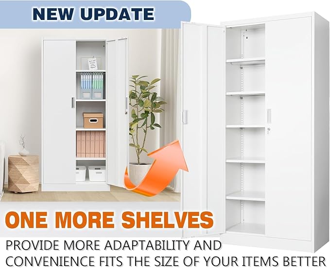 BESFUR Metal Storage Cabinet with 5 Adjustable Shelves and 2 Lockable Doors, 71" White Garage Metal Cabinet, Locking Cabinet for Office, School, Garage