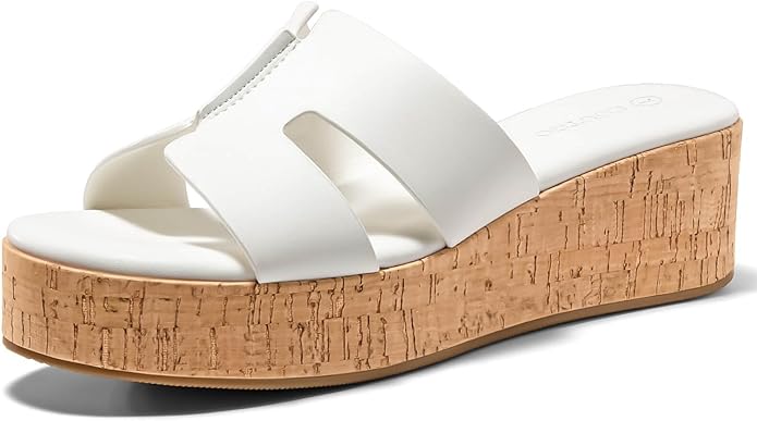 Coutgo Womens Platform Wedge Sandals Open Toe Slip On Slides Cork Heeled Comfortable Shoes