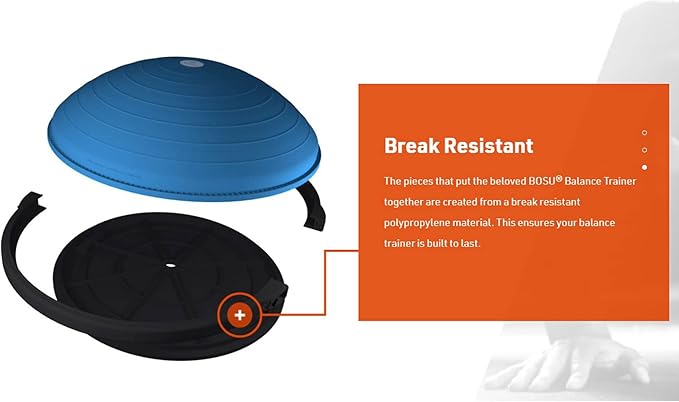Bosu Balance Ball Exercise Trainer, Home Gym Equipment w/ Guided Workouts & Pump, 26", Blue - Inflatable Fitness Platform for Strength Training, Standing, Balancing, and Core Workout