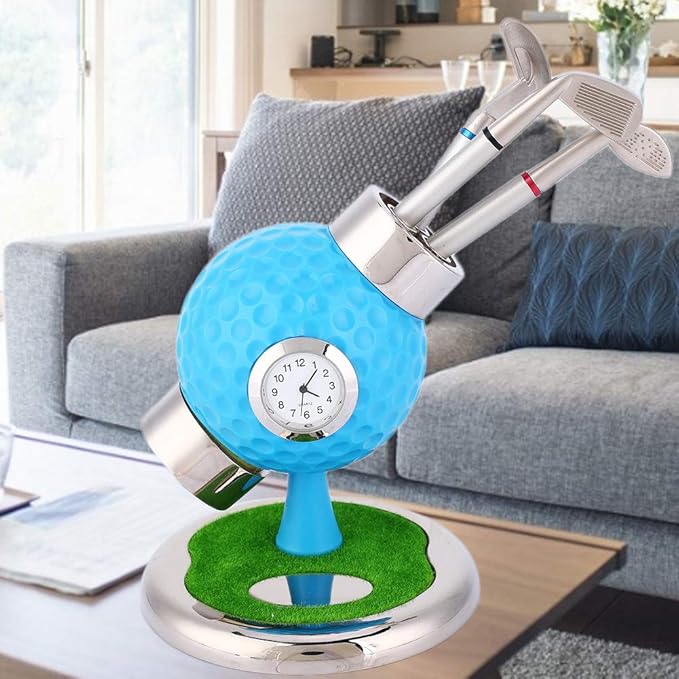 Golf Ball Shape Pen Holder, Desktop Pencil Vase with Clock, Zinc Alloy Pen Vase for Study Office Decor, Includes 3 Pens and Circular Base for Stability (Blue)