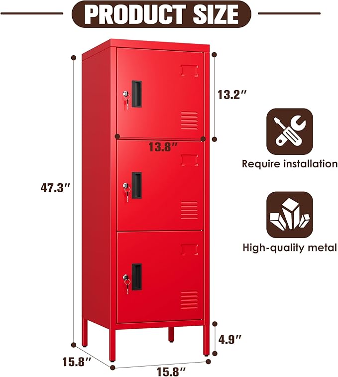Aobabo 16" W 3 Door Metal Storage Locker with Lock, 47" H Steel Locker with Name Card Holder and Metal Leg for School, Home, Office, Playroom, Assembly Required, Red