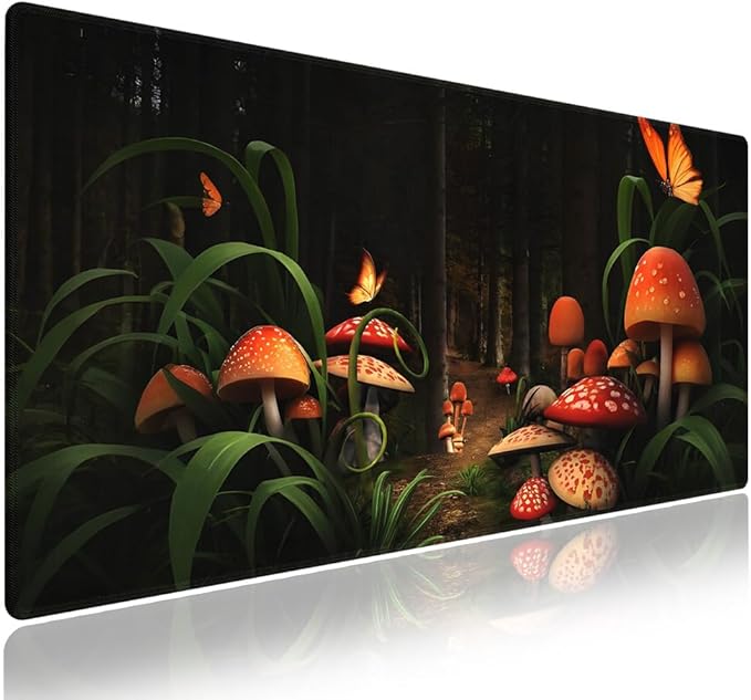 Extended XXL Gaming Mouse Pad with Stitched Edges for PC Home & Office - Mushrooms in Deep Dark Forest Fantasy Nature Earth Path Mystical Design, Smooth Fabric Surface Anti-Slip Base Large Desk Mat