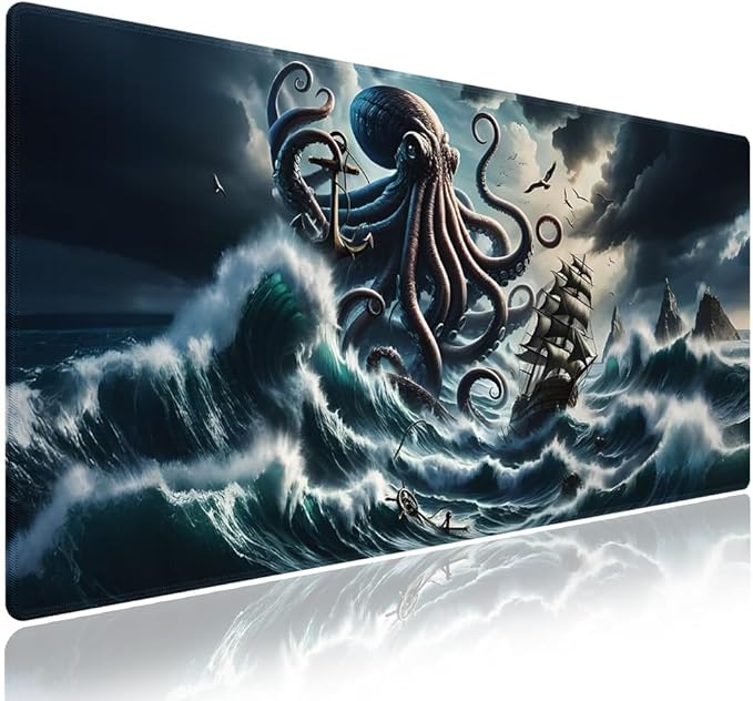 Wknoon. Extra Large Gaming Mouse Pad (31.5" x 11.8") with Durable Stitched Edges – Giant Kraken Octopus Monster Huge Ocean Waves & Sail Boat, Fantasy Sea World At Storm Nautical Adventure XXL Desk Mat