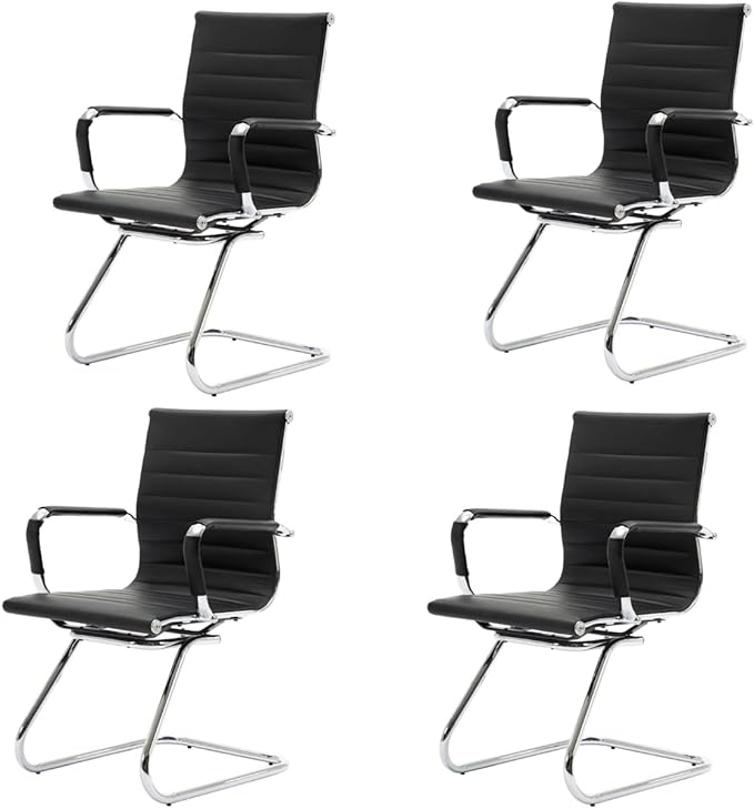 CIMOTA Waiting Room Chairs Leather Office Guest Chair Mid Back Reception Chairs with Sled Base for Meeting/Patient/Conference Room, Black Set of 4