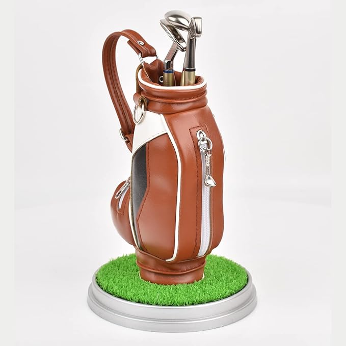 Leather golf pen holder with three golf club pen for writing, suitable for desk decoration, golf cake decoration, unique gift for men Boss Dad golfer colleagues, interesting and novel birthday gift