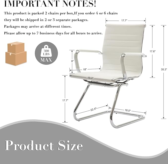 CIMOTA Waiting Room Chairs Leather Office Guest Chair Mid Back Reception Chairs with Sled Base for Meeting/Patient/Conference Room, White Set of 4