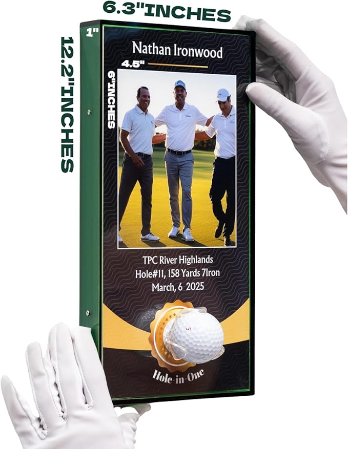 Green Acrylic Perfect Shot Golf Ball Display Case Frame, 6.3x12.2 Inch Vertical Design with Custom Name, Photo, and Details, Art Print Background, Acrylic Ball Holder (Golf Ball Not Included)