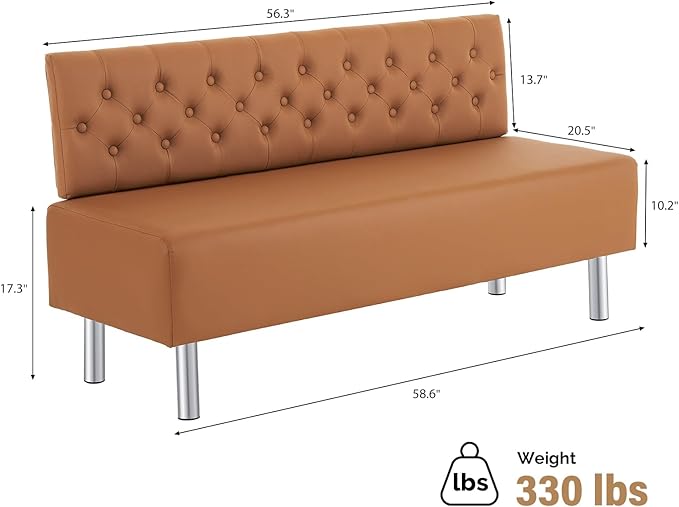 OmySalon Waiting Room Bench with Back, 58.6’’ Office Guest Chair Upholstered Reception Seating, Lobby Furniture for Beauty Salon Barbershop Airport Bank Hall Room Conference, Button Tufted, Brown