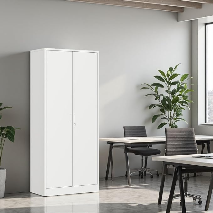 BESFUR Metal Cabinet with 5 Adjustable Shelves and 2 Lockable Doors, 71" H Locking Cabinet for Garage, Classroom and Office -White