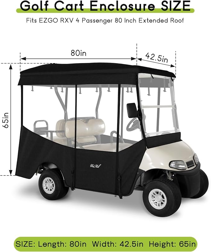 Golf Cart Enclosure 4 Passenger for EZGO RXV 2+2 600D Waterproof Windproof Driving Rain Cover Fit 4-Seater 80" Extended Roof 4-Sided Clear Windows Roll-up Door Black