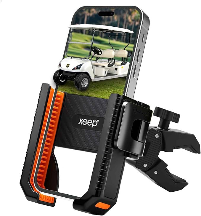XEEP Golf Cart Phone Holder Mount, 3s Phone Clip Install, 1s Lock & Release, 360° Rotation Golf Phone Holder for Ezgo Club Car Yamaha, Golf Cart Accessories for All 4.5-7" Smartphones