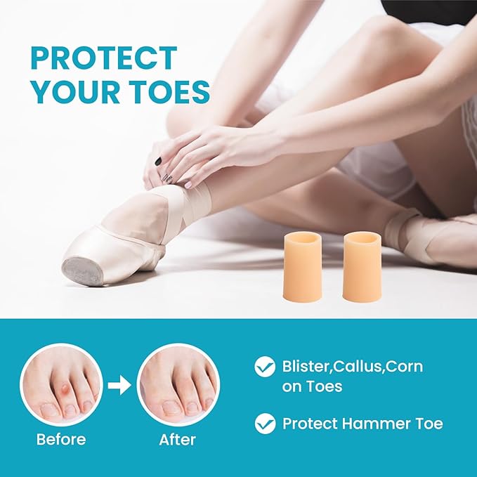 Povihome Toe Sleeves, Toe Protectors, 12 Pack Toe Tube Pads for Hammer Toe,Stubbed Toe,Corns, Calluses Protect (Medium Size, Beige)