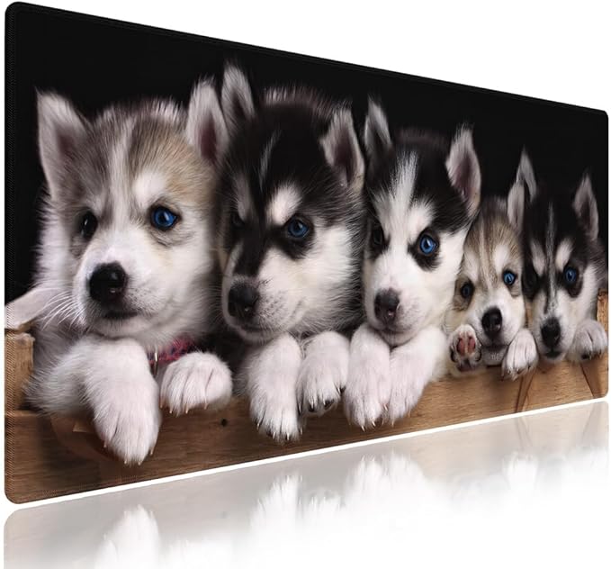 Wknoon. Extra Large Gaming Mouse Pad (31.5" x 11.8") with Durable Stitched Edges – Adorable Siberian Husky Puppies in Wooden Crate, Anti-Slip Rubber Base & Smooth Fabric Surface Extended XXL Desk Mat