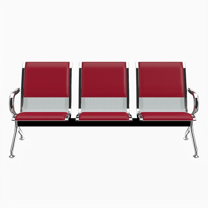 Kinfant 3-Seat PU Leather Waiting Room Bench – Red Reception Chair for Office, Hospital, Bank, Salon, Airport