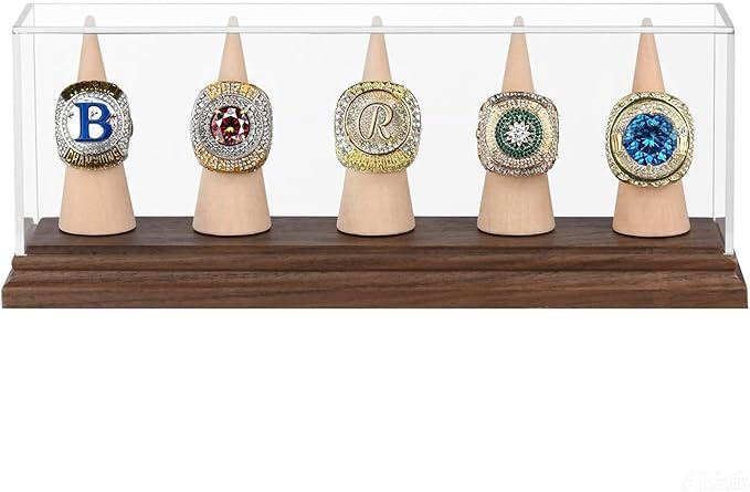 Championship Ring Display Case Baseball Softball Football Ring Holder for 5 Rings Wanult Wood Base Acrylic Sports Ring Display Case Stand for Men Wooden Ring Box for Women Memorabilia Showcase Cube