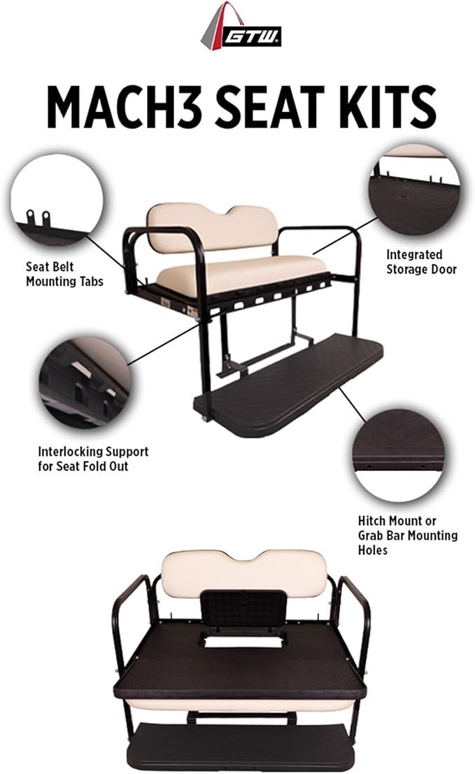 GTW MACH3 Golf Cart Rear Seat Kit Compatible with Club Car Precedent/Tempo/Onward | Fits 2004-Up Models | Steel Frame with Black Cushions