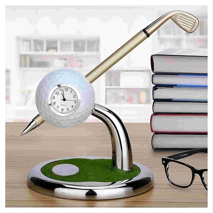 10L0L Golf Pen Holder with Clock Unique Gifts for Men, Mini Desktop Holder, Compatible with Enthusiasts Funny Business Gifts Includes Pen Set of 2 Office Desk Accessories- White