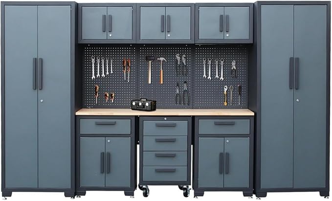 Garage Storage Cabinet System 9-Pcs Workshop Set Garage Cabinets and Storage System with Steel Drawers, Rolling Chest, Workbench, Pegboard for Tool Organization