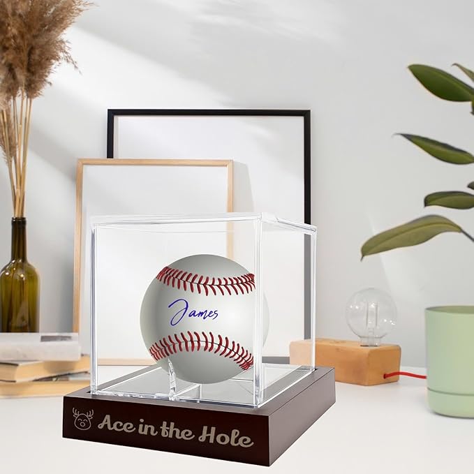 Personalized Engraved Baseball Display Case with Unique Pattern- Custom Wooden Individual Baseball Holder Box with UV Protected Clear Acrylic Cube, Wood Memorabilia Display Protecter for Collector Fan