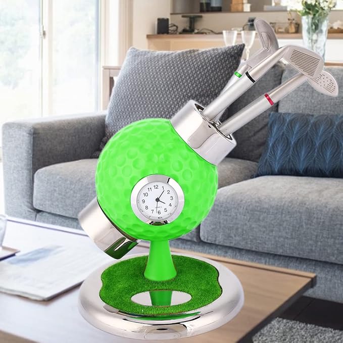 Golf Ball Shape Pen Holder, Desktop Pencil Vase with Clock, Zinc Alloy Pen Vase for Study Office Decor, Includes 3 Pens and Circular Base for Stability (Green)
