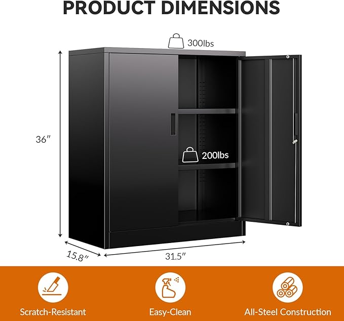 BESFUR Metal Storage Cabinet 36" H, Garage Storage Cabinet with 2 Lockable Doors and 2 Adjustable Shelves, Garage Cabinet for Home Office, Garage,School, Warehouse, Utility Room,White