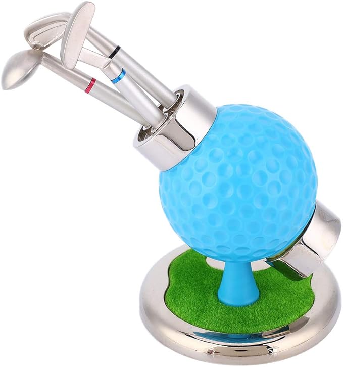 Golf Ball Shape Pen Holder, Desktop Pencil Vase with Clock, Zinc Alloy Pen Vase for Study Office Decor, Includes 3 Pens and Circular Base for Stability (Blue)