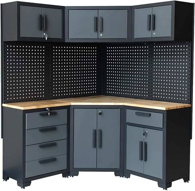 Garage Storage Cabinet System 8-Pcs Garage Cabinets and Storage System Corner Workshop Set with Corner Cabinet, Cabinet Drawers, Workbench, Pegboard for Tool Organization, Black and Grey