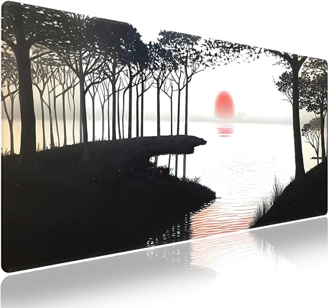 Extended XXL Gaming Mouse Pad with Stitched Edges for PC Home & Office - Mystic Glassy Lake Sunrise Views Dawn Breaks Misty Nature Landscape, Smooth Fabric Surface Anti-Slip Base Large Desk Mat