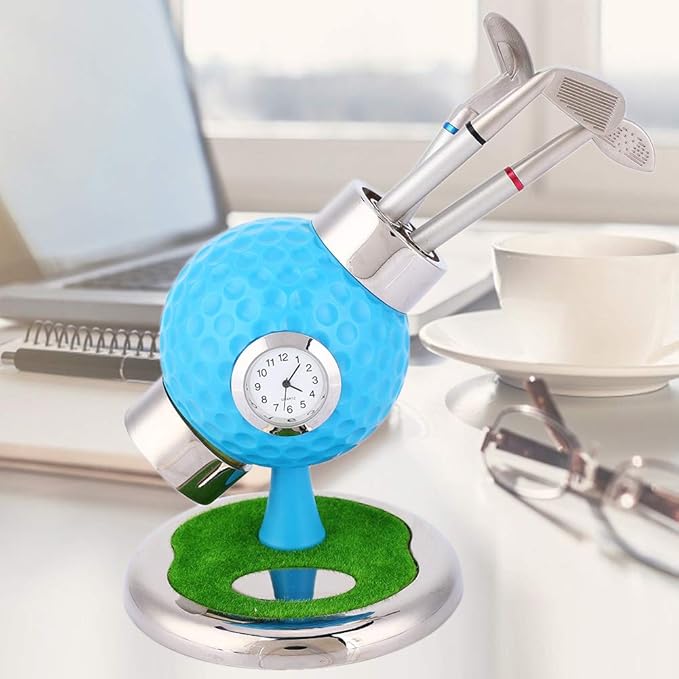 Golf Ball Shape Pen Holder, Desktop Pencil Vase with Clock, Zinc Alloy Pen Vase for Study Office Decor, Includes 3 Pens and Circular Base for Stability (Blue)