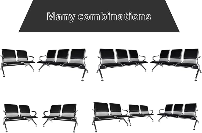 2-Seat Waiting Room Chairs - Waiting Room Bench with Arms Airport Reception Bench Guest Reception PU Leather Lobby Bench Waiting Area Chairs for Market Bank Hospital School, Black