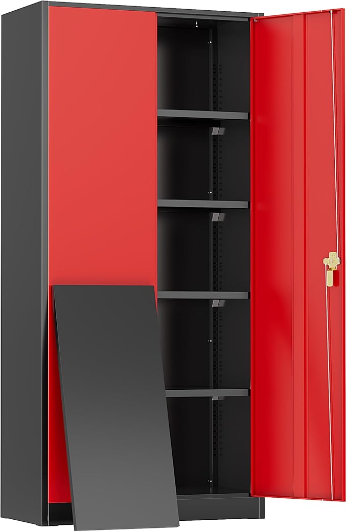 Greenvelly Metal Storage Cabinet, 72" Steel Garage Cabinet with Doors and Adjustable Shelves, Tall Metal Office Storage cabinets for Garage,Home Office,School (Black Red)