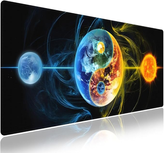 Wknoon. Extra Large Gaming & Office Mouse Pad (31.5" x 11.8") with Durable Stitched Edges – Abstract Yin Yang of Celestial Bodies Yellow Fire and Blue Ice Design, Anti-Slip Extended XXL Desk Mat
