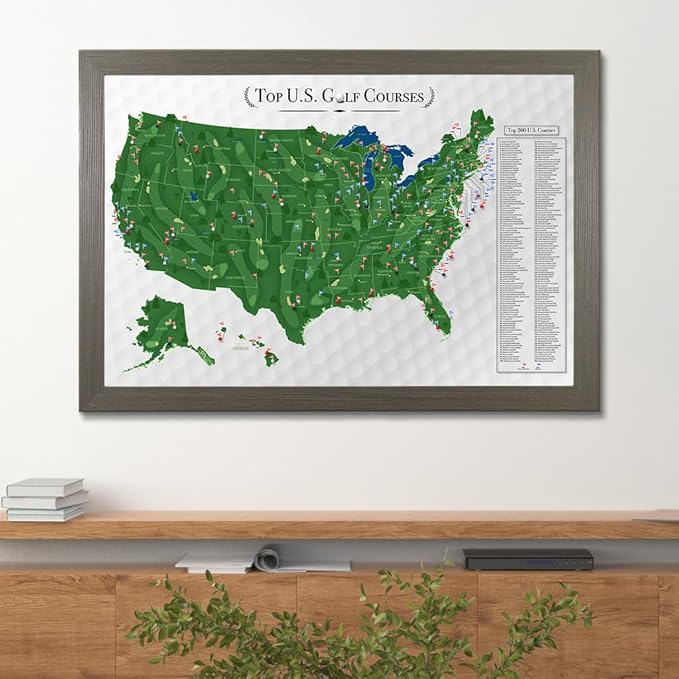 Push Pin Travel Maps Customizable Wall Art - Top Golf Courses USA Map - Barnwood Gray - Framed Pin Map, Includes 150 Pins - Handcrafted in USA - 27.5" x 39.5"