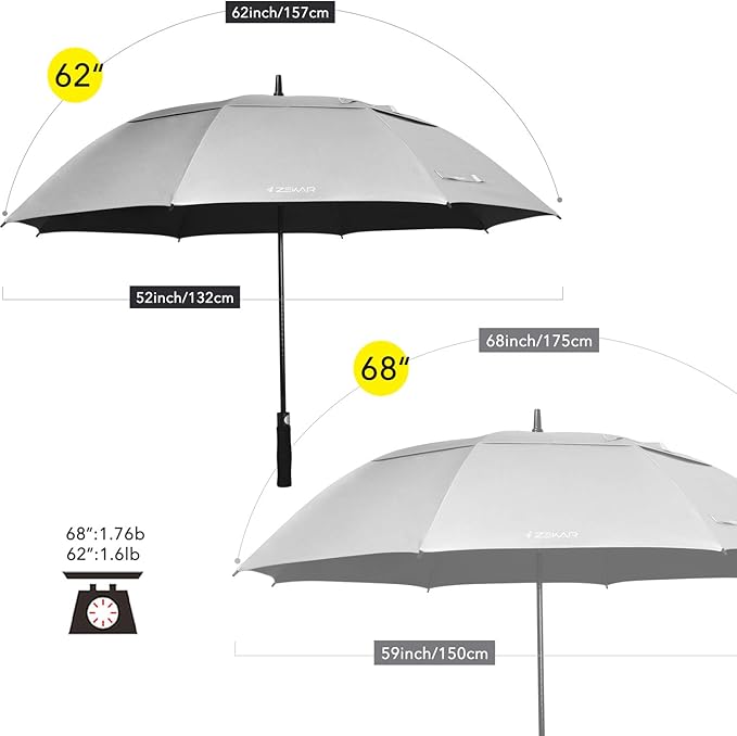 ZEKAR 54“ & 62" & 68" Windproof Large Vented Canopy Golf Umbrella, UPF 50+ Patio Umbrella, Sun Rain UV Protection Rain Umbrella | Keep You Cool (Silver, 54")