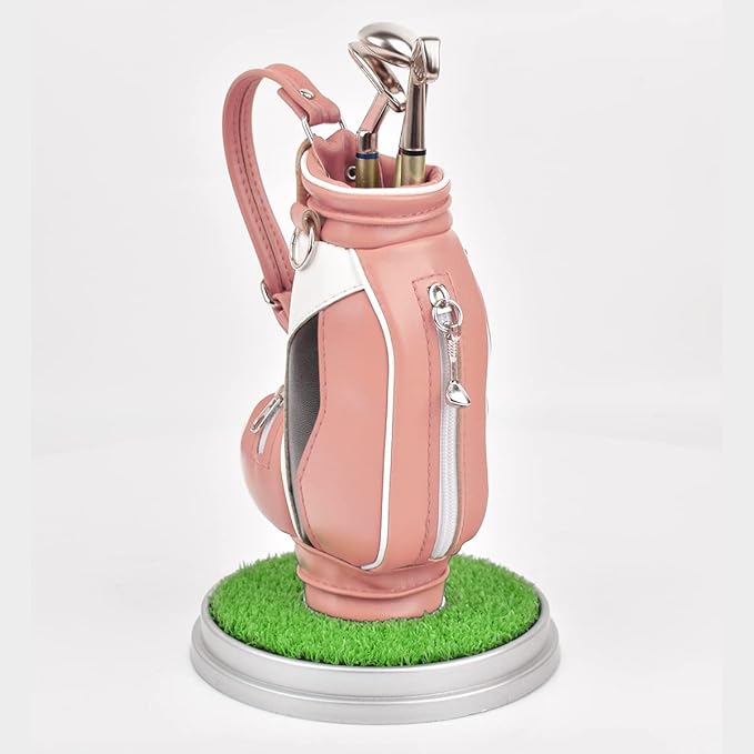Leather golf pen holder with three golf club pen for writing, suitable for desk decoration, golf cake decoration, unique gift for men Boss Dad golfer colleagues, interesting and novel birthday gift