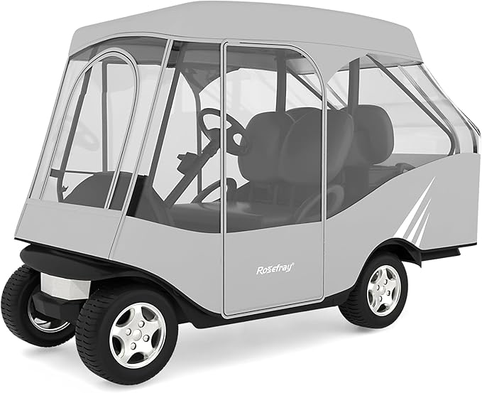 Rosefray Golf Cart Enclosure, 2+2 Drivable Rain Cover, Short Roof 58" - EZGO, Club Car - Durable Door Zipper - 4 Seater Golf Cart Cover Glowing at Night
