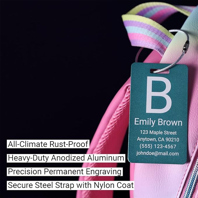 Personalized Luggage Tags for Suitcases 4 Pack – Custom Metal Name Tag for Travel, Golf Bag, and Baggage – Durable Aluminum Luggage Name Tags (Black, Vertical)