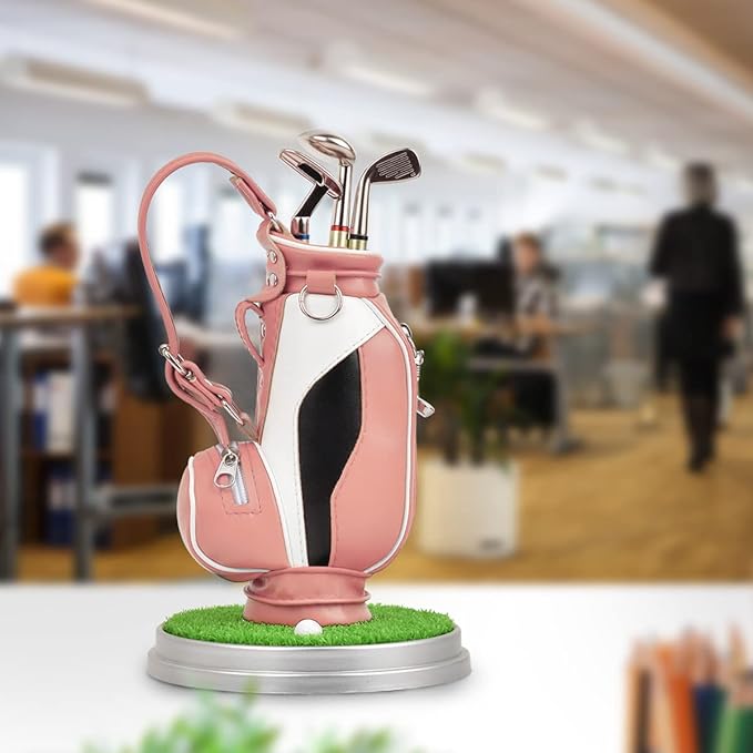 Leather golf pen holder with three golf club pen for writing, suitable for desk decoration, golf cake decoration, unique gift for men Boss Dad golfer colleagues, interesting and novel birthday gift