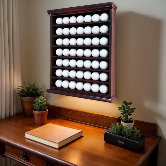Golf Ball Display Case - Wall Mount, Black Finish, Green Felt Background, No Door, Perfect for Golf Balls, 14.6" W x 17.4" H x 3" D