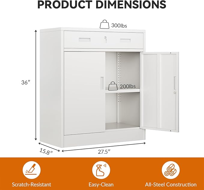 BESFUR Metal Storage Cabinet with Lockable Drawer and 2 Lockable Doors, 36"H White Metal Cabinet with Adjustable Shelf, Locking Storage Cabinet for Home Office, Garage,School, Warehouse, Utility Room