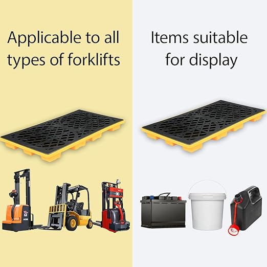 2 Drum Modular Platform Spill Containment Trays with Drain Outlet Forklift Pockets 48x24x4 Heavy Duty 2000lbs Capacity Stackable Leakproof Containment Tray for Garage, Workshop, Industrial Storage