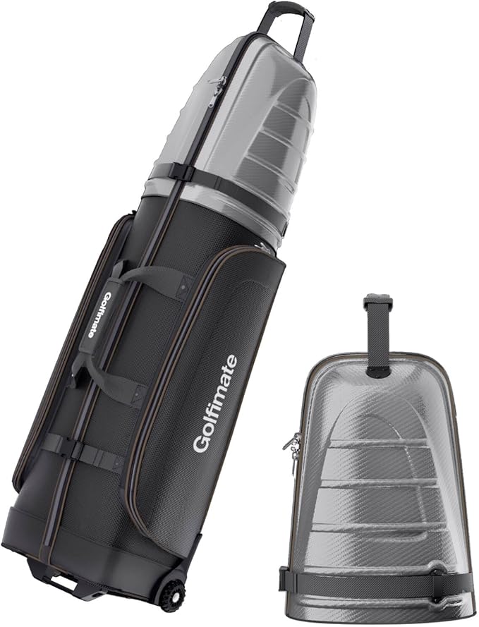 Golf Travel Bag for Airlines with Carbon Fiber Look Hard Top, Protective Club Traveling Cover with Wheel, Golf Club Carrier Case for Airplanes, Thick Padding, Durable Zippers, 2 Spacious Side Pockets