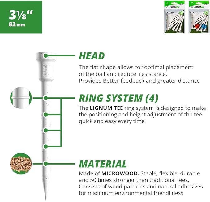 LIGNUM Tee - Classic Golf Tees - Sports Golf Tees - Anti Spin Head, Bio-Based Micro Wood, 50x Durable