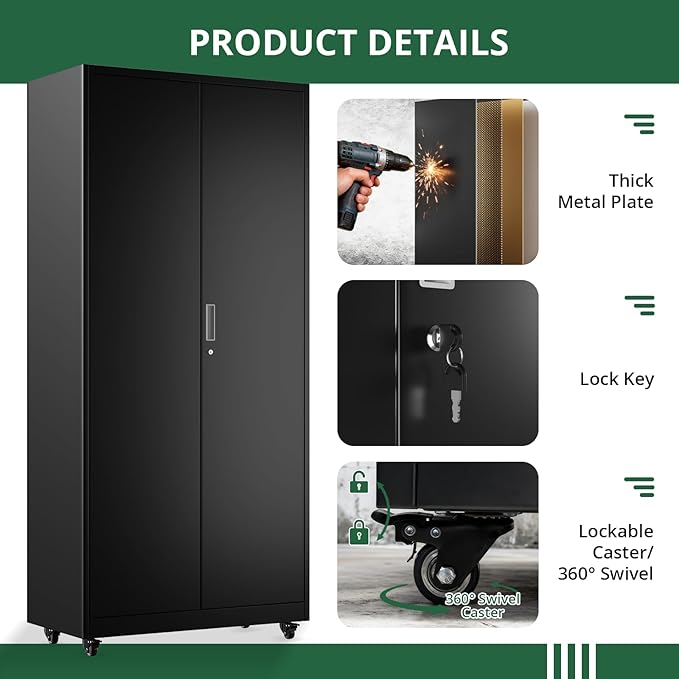 Synorla Metal Storage Cabinet with Lock, 72" Clothing Coat Steel Wardrobe Cabinet with Wheel, Tall File Tool Cabinet Employees Locker Closet with Hanging Rod for Home Office, Garage, Gym